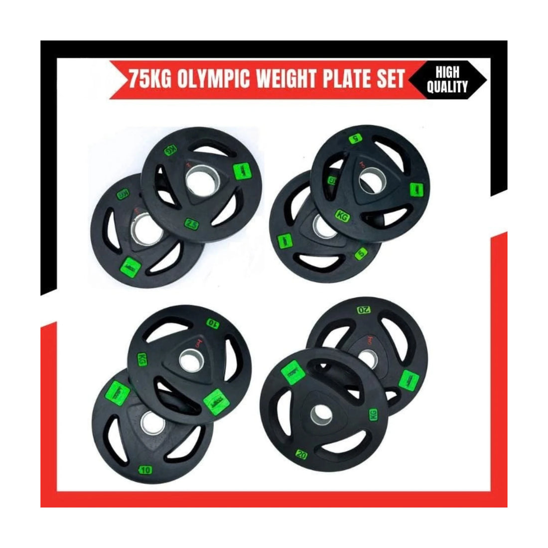 75KG Olympic Rubber Coated Weight Plates Pack – Tri-Grip Design, Durable & Rust-Free 2 Inch Plates