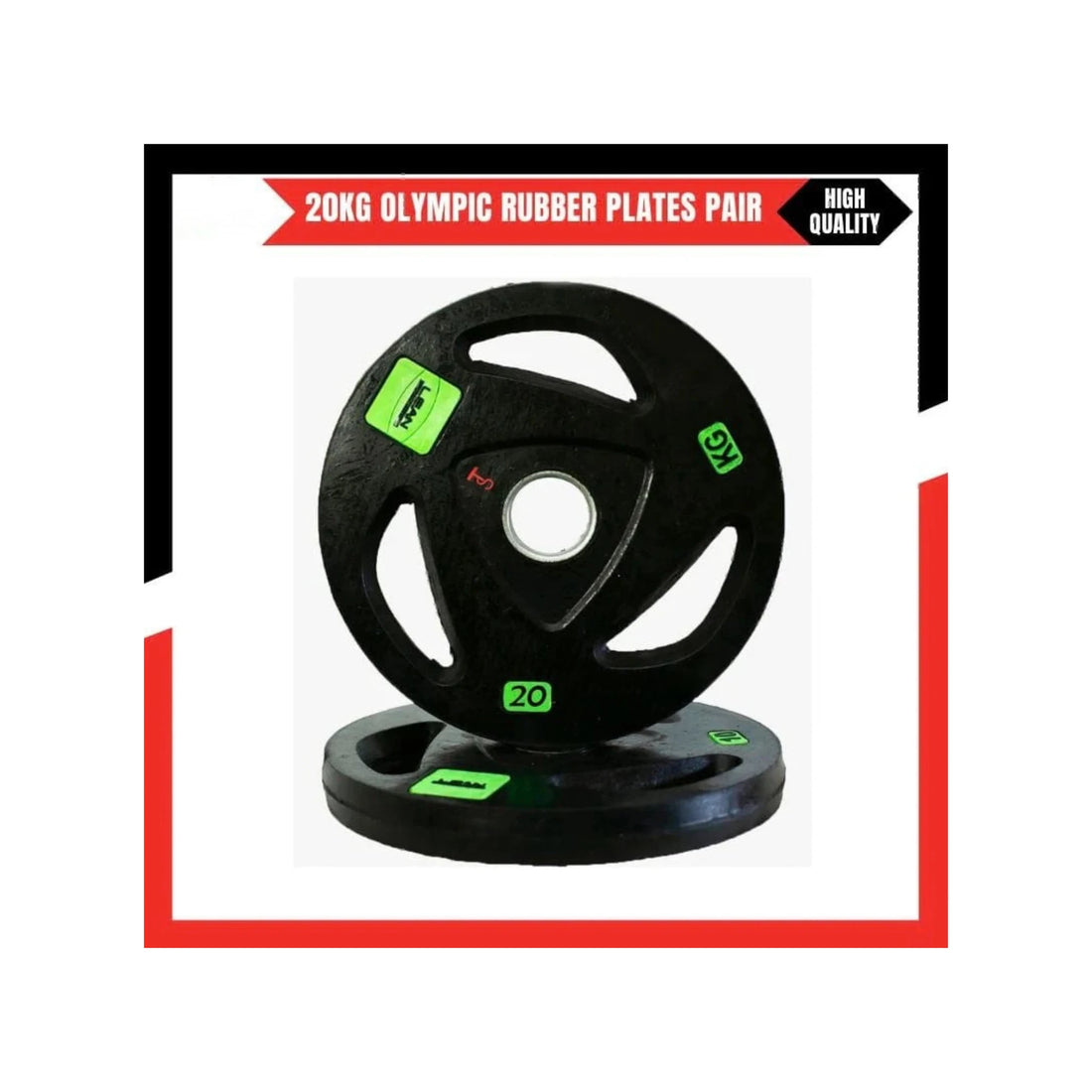 20KG Olympic Rubber Coated Barbell Plate Pair (2 x 20KG) – Tri-Grip Design, 2 Inch Hole