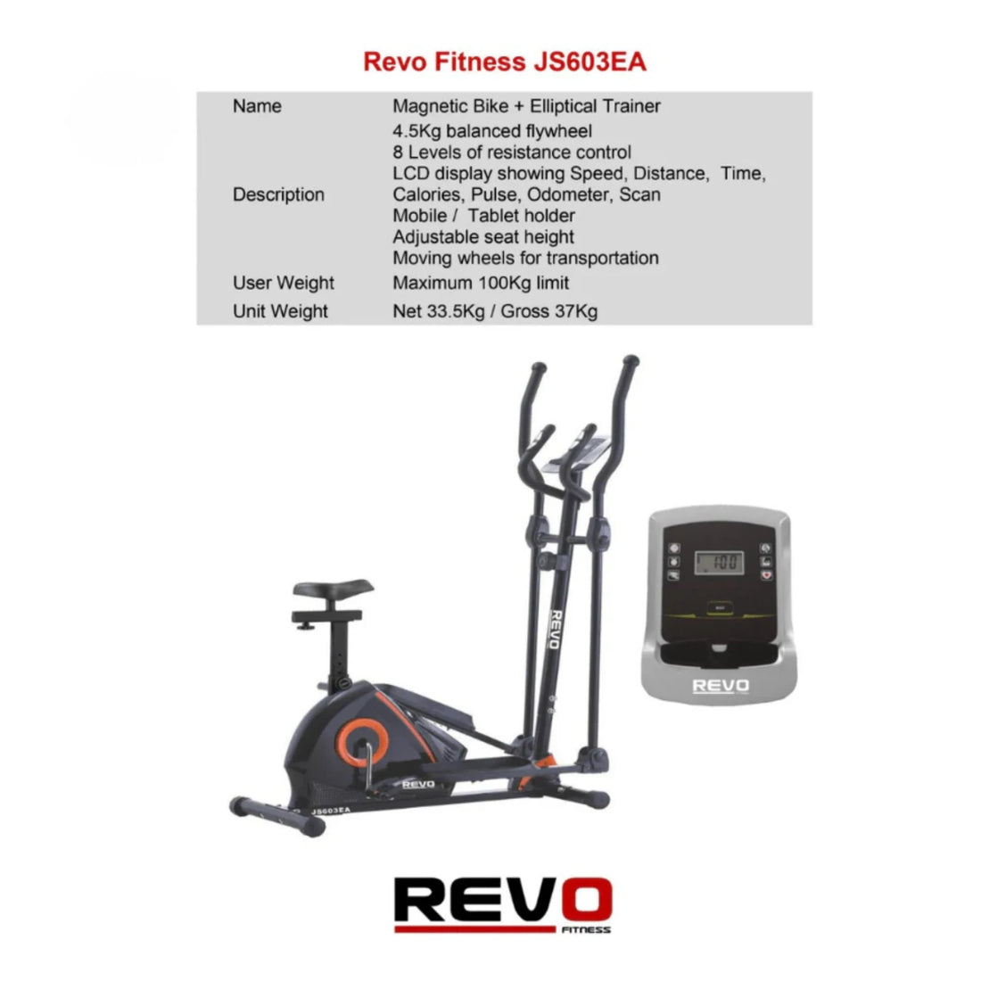 Revo JS603EA Magnetic Elliptical & Upright Bike – 2-in-1 Home Gym Machine by Tango Sports