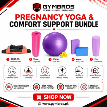Pregnancy Yoga & Comfort Support Bundle – AMIGOS Maternity Belt, 15mm Yoga Mat, 85CM Gym Ball, Yoga Bricks Pair & 13in Foam Roller