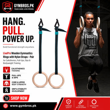 LivePro Wooden Gymnastics Rings with Nylon Straps – Pair for Calisthenics, Pull-Ups, Dips & Bodyweight Training