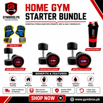 Home Gym Starter Bundle – ZEE MAX 3,5,8kg Dumbbells, Gym Gloves & Spider Protein Shaker