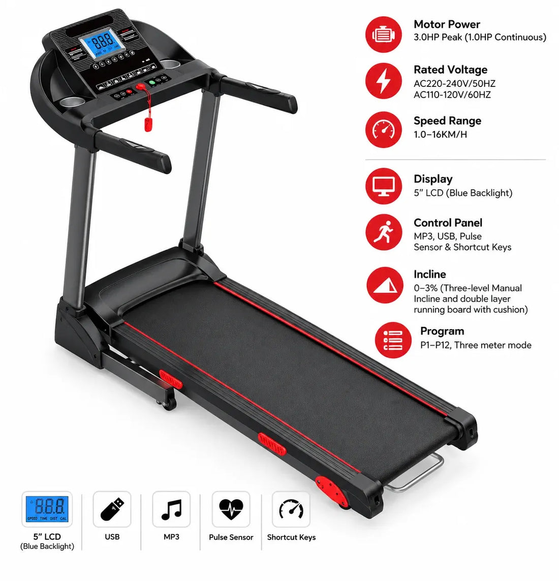 RAW 80011 Automatic Incline Electric Treadmill – 3HP Peak Motor, 16 km/h