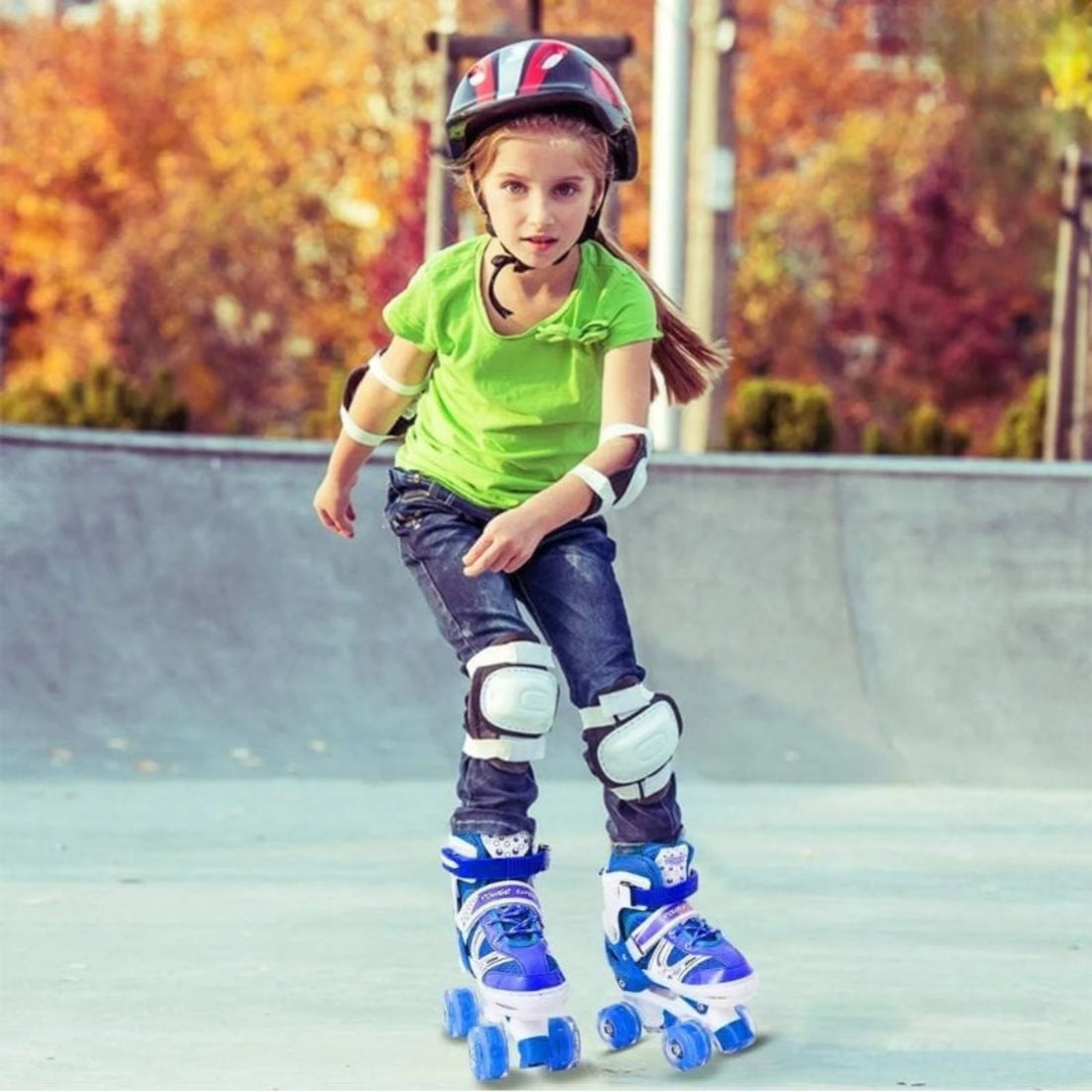 Complete Adjustable Double-Row Roller Skate Kit – 4-Wheel Quad Skate Set for Beginners Includes Helmet & 6-Piece Protective Gear