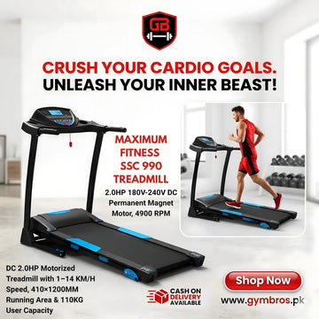 MAXIMUM FITNESS SSC 990 Motorized Treadmill | 2.0HP 180V-240V DC Permanent Magnet Motor, 4900 RPM | 1–14 KM/H Speed, 410×1200MM Running Area, 3% Manual Incline & 110KG User Capacity